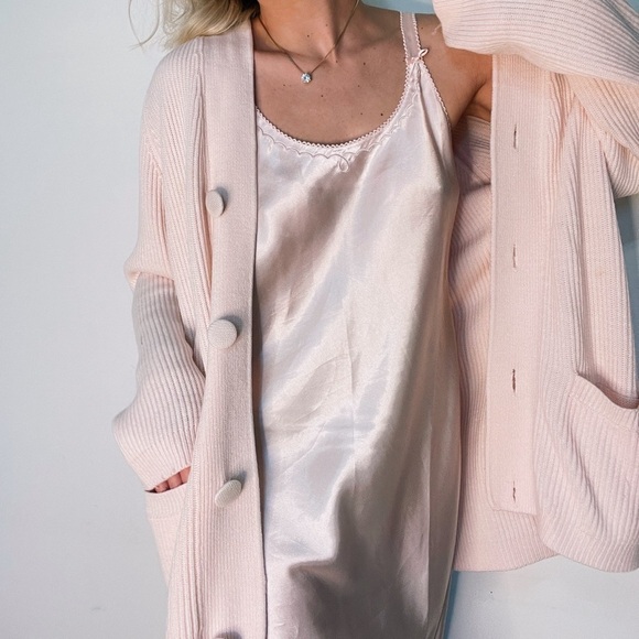 Vintage Pastel Pink Chunky Ribbed Oversized Slouchy Cardigan Sweater Long - Picture 1 of 6